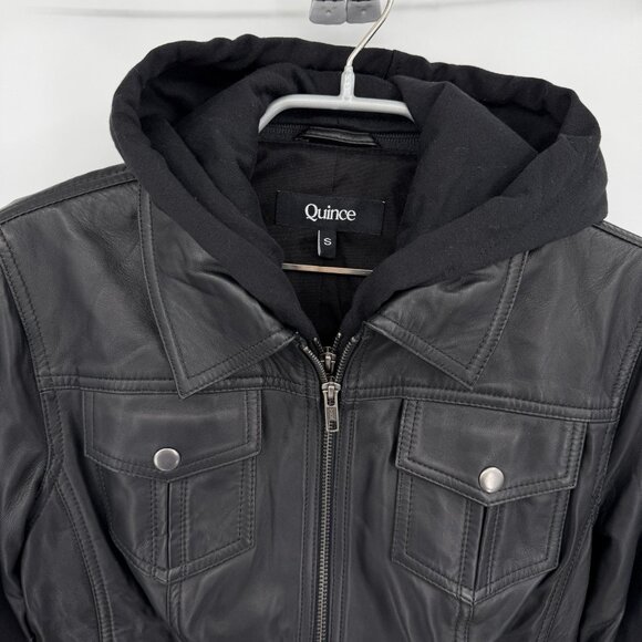 Quince Women's Black Leather Jacket size S Removable Hood Sheep Full Zip Lined - Picture 9 of 16